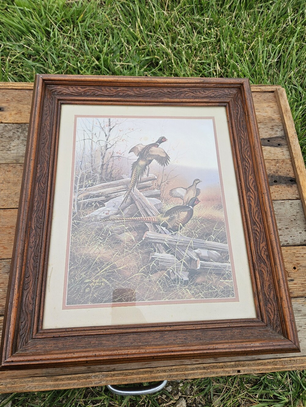 VTG Gregory Messier "Pheasants in Flight" Framed Matted Wildlife Art Print 20x17